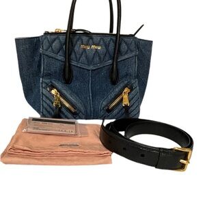 MIU MIU Denim Top Handle 2 Way MATELASSE Biker Tote AVIO Handbag Jean
